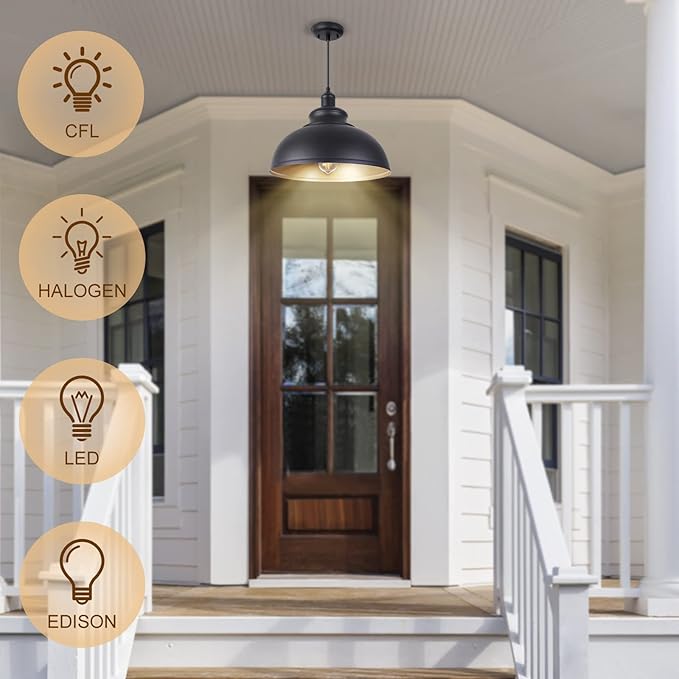 15 1/2in Large Dome Barn Pendant Light for Farmhouse, Black Ceiling Mounted Lighting with Brass Interior for | Lumora