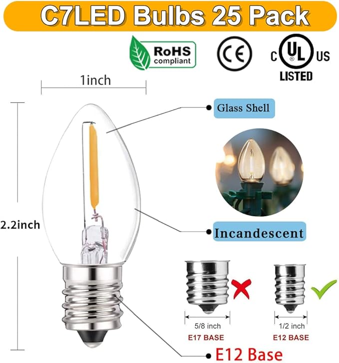 C7 LED Bulbs Christmas C7 LED Light Bulbs 25 Pack C7 LED Replacement Bulbs C7 LED - Outdoor Lighting Accessory | Lumora