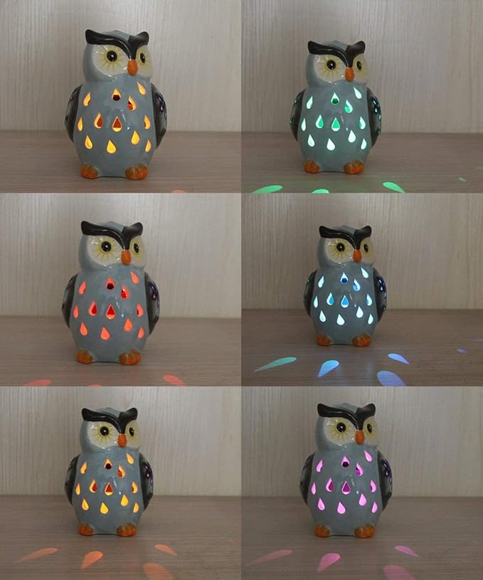 ASTRAEUS Porcelain Owl Solar Landscape Lights Figurine, Color Changing LED - Lawn Decor Owl Statues for Patio, Lawn, Balcony, Yard - Mothers Day Housewarming Gifts Grey Blue