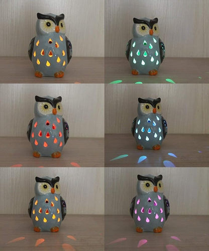 ASTRAEUS Porcelain Owl Solar Landscape Lights Figurine, Color Changing LED - Lawn Decor Owl Statues for Patio, Lawn, Balcony, Yard - Mothers Day Housewarming Gifts Grey Blue