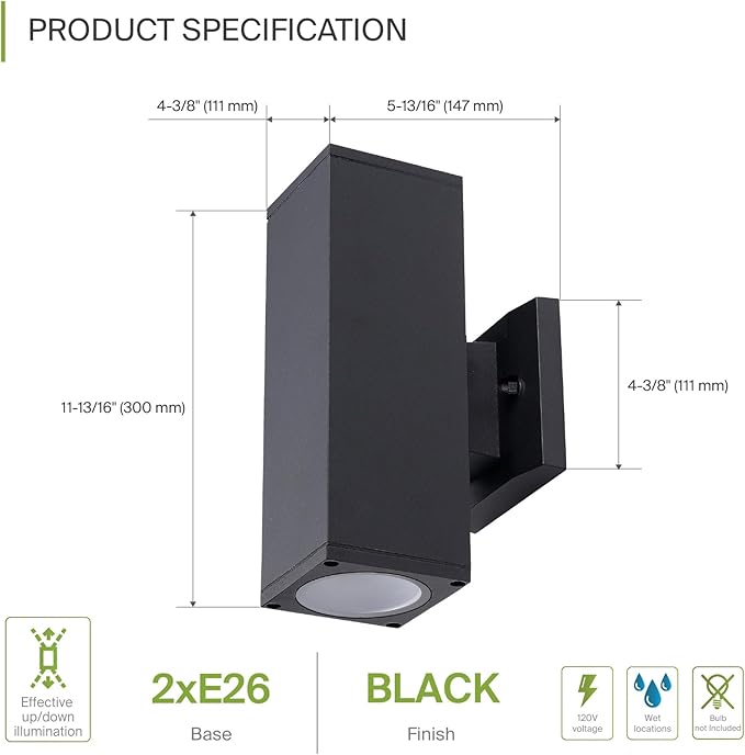 ASD 2 Light Square Outdoor Wall Light Fixture | 120W E26 Bulb Socket 120V ETL Cylinder Up Down Lights | | Lumora