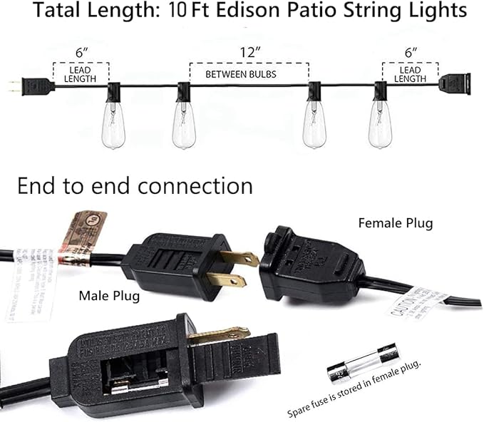 10Ft Outdoor String Lights Waterproof, Hanging Patio Lights with 11 Edison Bulbs (1 Spare), ST40 Vintage Edison | Lumora