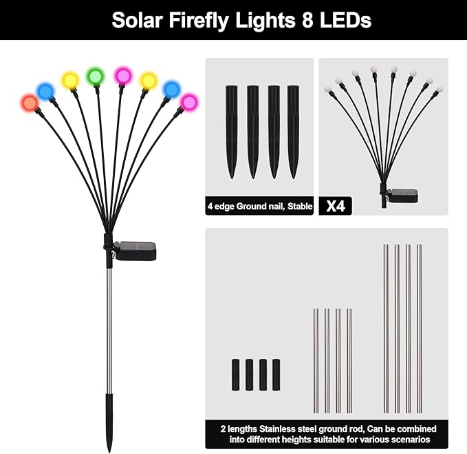 Solar Firefly Lights Outdoor Waterproof,8 Mode RGB Color Changing Firefly Swaying Solar Lights Stakes for Outside Christmas Holiday Yard Patio Plant Landscape Garden Decor 4 Pack(Multicolor)