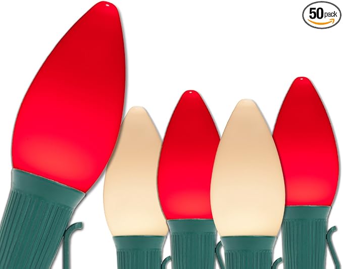 Wintergreen Lighting Opticore LED Smooth/Opaque Commercial Red & Warm White C7 Christmas Lights Vintage Style, Commercial String Lights Heavy Duty, Green Wire (50 Lights, 50 ft, Red/Warm White)