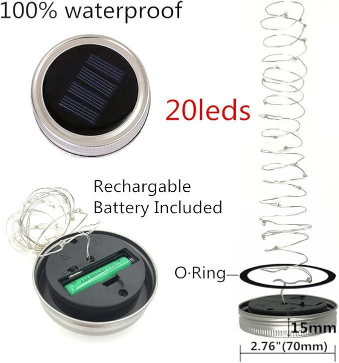 6-Pack Solar-powered Mason Jar Lights 20 LEDs (6 Hanger Included / No Jar),Warm White Glass Waterproof Fairy | Lumora