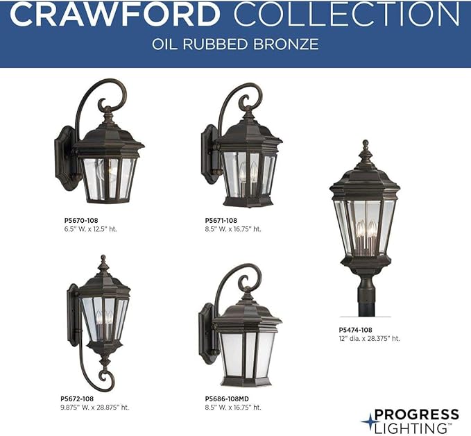 Progress Lighting P5671-108 2-Light Wall Lantern with Clear Beveled Glass Panels and Scroll Arm Details, Oil Rubbed | Lumora