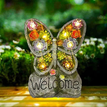 Solar Garden Statues Lights, Succulent Butterfly Resin Lamp with 8 LED, Outdoor Decoration Statues with Welcome Sign Table Lamp for Patio Lawn Yard, Garden Gifts for Mom (Purple Succulent)