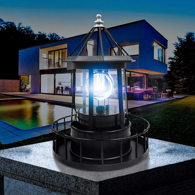 LED Solar Rotating Lighthouse Light for Outdoor Garden Decoration - Lantern for Pathway, Patio, Courtyard (Black)