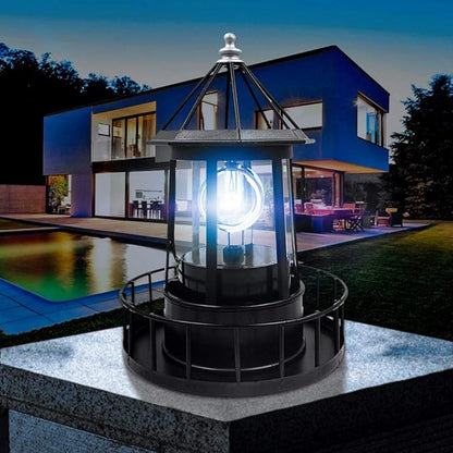 LED Solar Rotating Lighthouse Light for Outdoor Garden Decoration - Lantern for Pathway, Patio, Courtyard (Black)