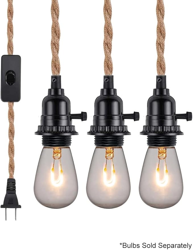 Fantado Jute Rope Triple Socket Black Pendant Light Lamp Cord for Lanterns, Switch, 19 FT by PaperLanternStore | Lumora
