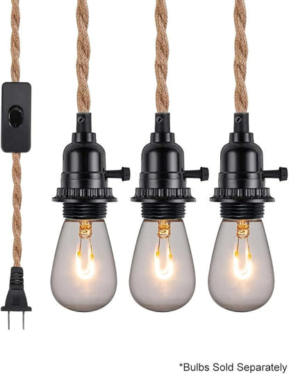 Fantado Jute Rope Triple Socket Black Pendant Light Lamp Cord for Lanterns, Switch, 19 FT by PaperLanternStore