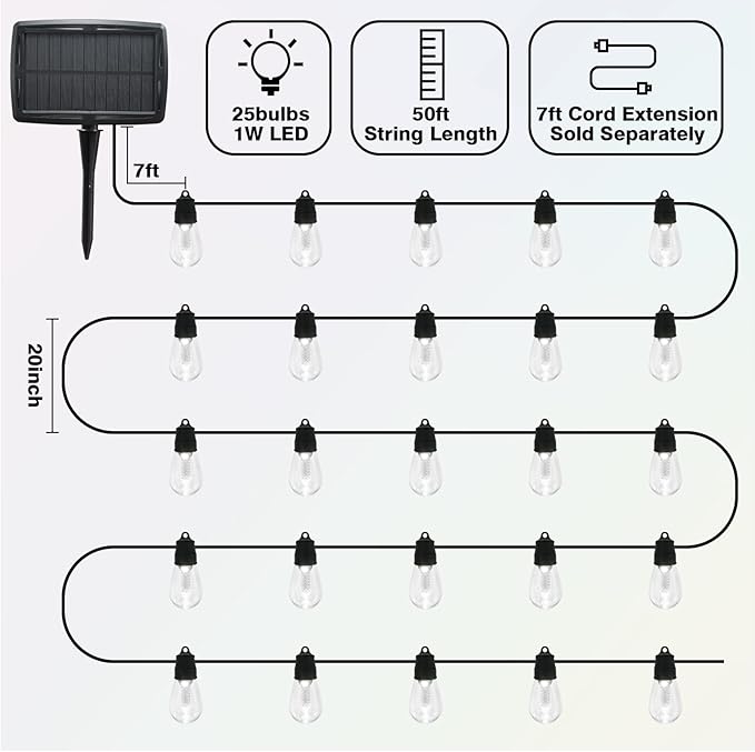 Solar String Lights Outdoor Warm and Colored, 50ft Solar Powered Outdoor String Lights for Outside Patio Waterproof with 8 Lighting Modes, 25 Solar Edison Lights USB Charging for Deck Backyard Decor
