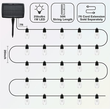 Solar String Lights Outdoor Warm and Colored, 50ft Solar Powered Outdoor String Lights for Outside Patio Waterproof with 8 Lighting Modes, 25 Solar Edison Lights USB Charging for Deck Backyard Decor