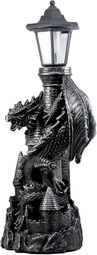 Ebros Gift Mystical Rocky Cliff Top Castle Dungeon Guardian Dragon Solar LED Light Lantern Statue Path Lighter Patio Lighter
