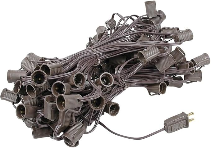 Novelty Lights 100 Foot C9 Outdoor String Light Christmas Stringer - Patio String Lights - Intermediate Base (C9/E17) - 12" Spacing - Brown Wire
