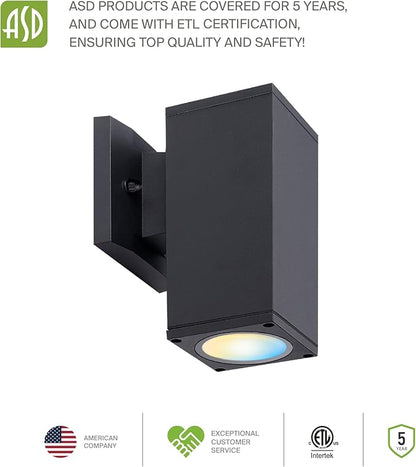 ASD 1 Light Square LED Indoor & Outdoor Wall Light Fixture | 9W 1000LM 3000K-5000K 120V Cylinder Up Down Lights | Dimmable Waterproof Exterior Wall Sconce | Front Door, Porch, Patio | Black, ETL