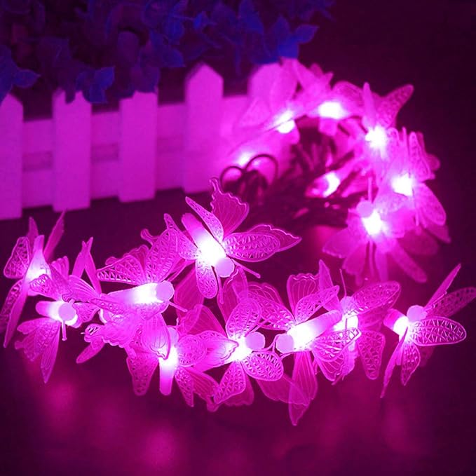 Butterfly String Lights, Waterproof 20FT 30LED Butterfly Solar Light Outdoor Solar Rope Lights Fairy Light Decorative Garden Lights for Cafe Patio Party Garden Wedding (Pink)