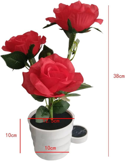 LED Solar Power Decorative Artificial Rose Flower Pot Plant Landscape Light Night Lamp Outdoor Garden Yard Pathway Lawn Grassland Red