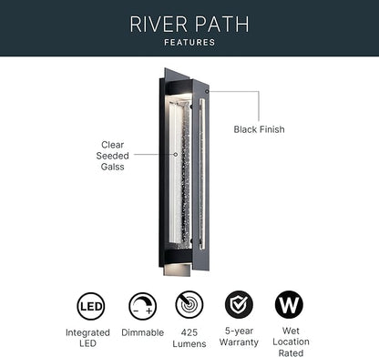 Kichler River Path 23" LED Outdoor Wall Light in Textured Black, 1-Light Contemporary Exterior Wall Sconce with Clear Seeded Glass, 3000K, (23" H x 5.5" W), 49946BKTLED