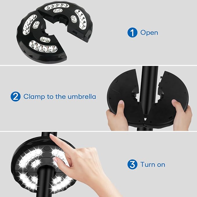 Dual-Power Patio Umbrella Light-Rechargeable & Battery Operated Umbrella Lights,3 Lighting Modes Cordless,Umbrella Pole Light for Patio Umbrellas Camping(4 AA Batteries Not Included)