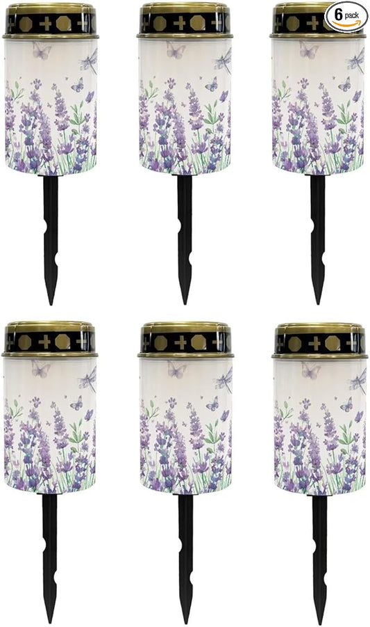 Poceacles Solar Lights Outdoor Cemetery Flameless LED Lights Grave Solar Lantern Outdoor Waterproof Decorative for Cemetery Grave Lawn Outdoor Decor, Hyacinth Flower Butterfly, Pack of 6