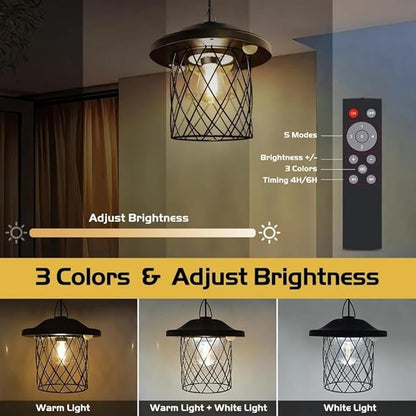 Solar Lights Indoor Outdoor Solar Powered Shed Light with Switch Remote Timer 3 Color IP65 Waterproof Pendant for Barn Gazebo