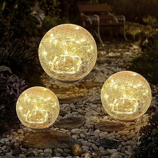 Cracked Glass Outdoor Solar Lights Landscape Garden Ball Lights, Garden Solar Ball Lights Waterproof (Warm White, 12cm)