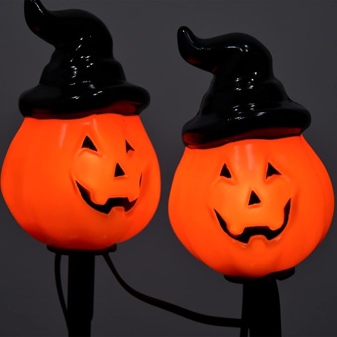 Halloween Pumpkin Pathway String Lights 4 Jack-o-Lantern Stakes Lights with C7 Bulbs, 7Ft Extendable Wizard Hat | Lumora
