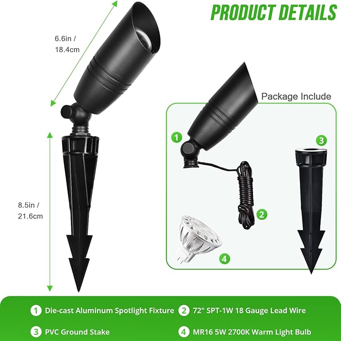 wowlite Landscape Spotlights Outdoor, 12V Low Voltage Landscape Lighting Fixture with 5W MR16 LED Bulb, Black | Lumora