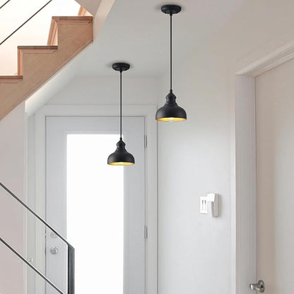 7in Dome Outdoor Pendant Barn Light Black and Brass Kitchen Island Hanging Light Fixture Exterior Small Porch Pendant Lamp Farmhouse Bedroom Hanging Lamp for Bathroom Shop Cafe, Ajustable