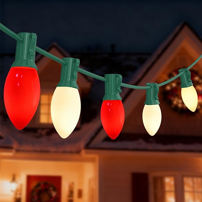 C9 Christmas Lights Outdoor 25Ft Red/White Christmas with 27 Ceramic Red/White Bulbs(1 Spare), Vintage Colorful String Lights for Garden Wedding Party Xmas Decorations