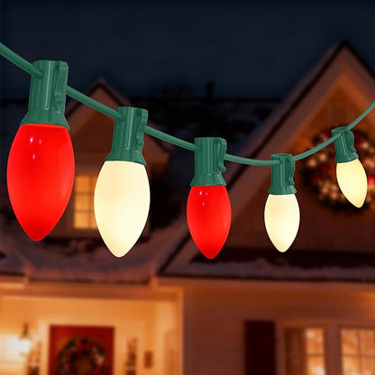 C9 Christmas Lights Outdoor 25Ft Red/White Christmas with 27 Ceramic Red/White Bulbs(1 Spare), Vintage Colorful String Lights for Garden Wedding Party Xmas Decorations