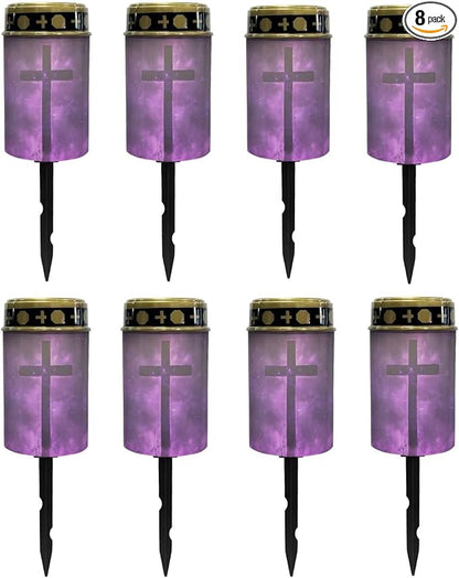 Poceacles Cross Solar Lights Pack of 8 Waterproof Solar Garden Lights Cemetery Solar Outdoor Lights Outdoor Stake Automatic Solar Lantern for Cemetery Grave Decoration, Cross Galaxy Violet