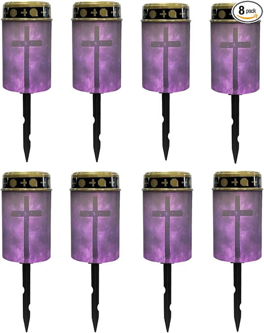 Poceacles Cross Solar Lights Pack of 8 Waterproof Solar Garden Lights Cemetery Solar Outdoor Lights Outdoor Stake Automatic Solar Lantern for Cemetery Grave Decoration, Cross Galaxy Violet
