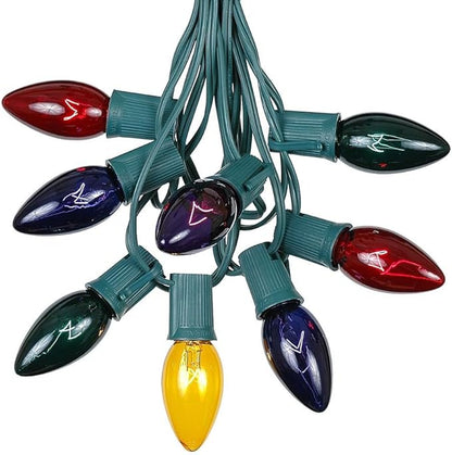 C9 Multi Christmas Light Set - Outdoor/Indoor Hanging Lights - Roofline/Patio String - Green Wire - 25 Ft