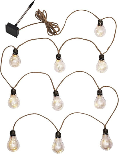 Vintage Solar String Lights - 10Ft Hemp Rope with 10 Amber LED Bulbs, Waterproof Shatterproof Outdoor Lights for Patio, Garden, Wedding & Party Decor (Warm White)