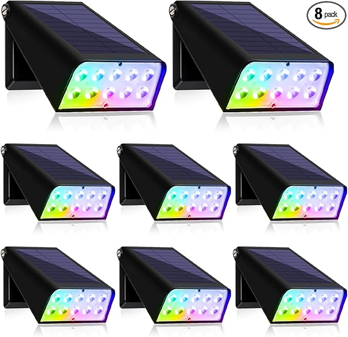 Fence Lights Solar Powered,90° Adjustable,with 7-Color Cycling & Super Bright, Auto Dusk to Dawn Solar Wall Lights Outdoor Waterproof for Garden,Patio,Yard,Pool,Deck,Porch (8 Pack)
