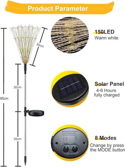 Solar Firework Lights Outdoor Waterproof 2Pcs 150 LED with 8 Modes DIY Stake Landscape Light for Outside Garden Yard Pathway Party Decor Christmas Decoration Solar Starburst Lights Warm White