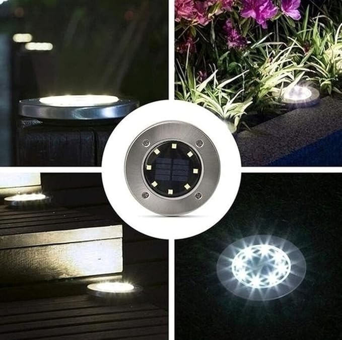 Solar In-Ground Lights Outdoor 8 LED Disk Light Solar Powered Landscape Path Lights for Garden Lawn Yard Patio Pool Patio Deck Driveway Walkway Pathway,Silver Finish,4 Pack (White)