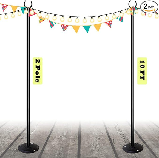 10ft String Light Poles for Outdoors, Outside Light Poles for Hard Ground Surface, Backyard, Patio, Outdoor Lighting, Matte Black, 2 Pack