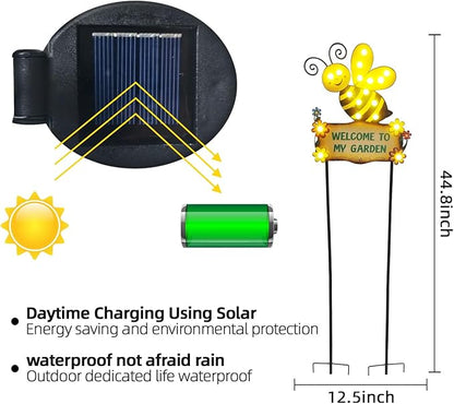 Large Yard Stakes 44.8" with Welcome to My Garden Sign, Solar Garden Lights Outdoor for Summer Decorations, Waterproof Metal Bee Decorative Yard Stakes