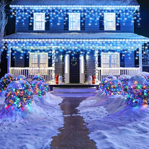 99ft Blue and White Christmas Lights, 1216 LED Icicle Lights for Outside House Clear Wire Twinkle Light with 8 Modes Timer Waterproof for Window Party Tree Holiday Patio Yard Home Decor