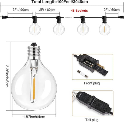 Outdoor String Lights with G40 Clear Globe Bulbs, Black Cord, Waterproof LED Edison Filament Decorative Lighting for Patio, Garden, Backyard (G40 Bulbs, 100FT)