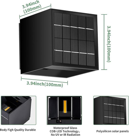 LANFU Solar Powered Motion Sensor Square Outdoor Wall Lights, Black Modern Up and Down Wall Lamps, IP65 Waterproof Warm White 3000K Wall Sconce Light Exterior for Fence Garden Outside