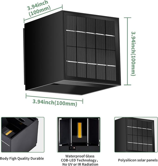 LANFU Solar Powered Motion Sensor Square Outdoor Wall Lights, Black Modern Up and Down Wall Lamps, IP65 Waterproof Warm White 3000K Wall Sconce Light Exterior for Fence Garden Outside