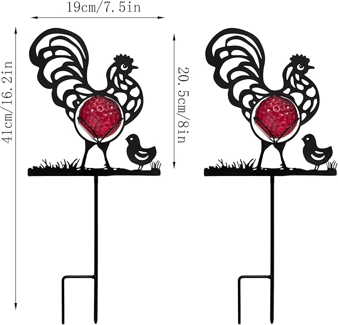 Rooster Solar Lights Outdoor Decorations, 2 Pack Metal Iron Solar Stake Lights for Yard, Garden, Lawn Decor