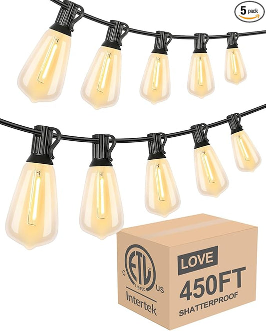 Lightdot 450FT Outdoor String Lights, LED Bistro String Lights with Shatterproof ST38 Bulbs, 2200K Dimmable, Waterproof Hanging Lights for Porch, Party, Garden, Backyard, Balcony