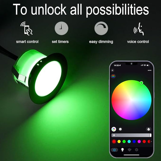 Sumaote 10Pcs WiFi RGBW Deck Lights Kit, 1.22" Recessed Low Voltage Step Lights Outdoor, IP67 Waterproof RGB and 3000K Dimmable Landscape Lighting for Stairs Path Pool Side, Smart APP Control