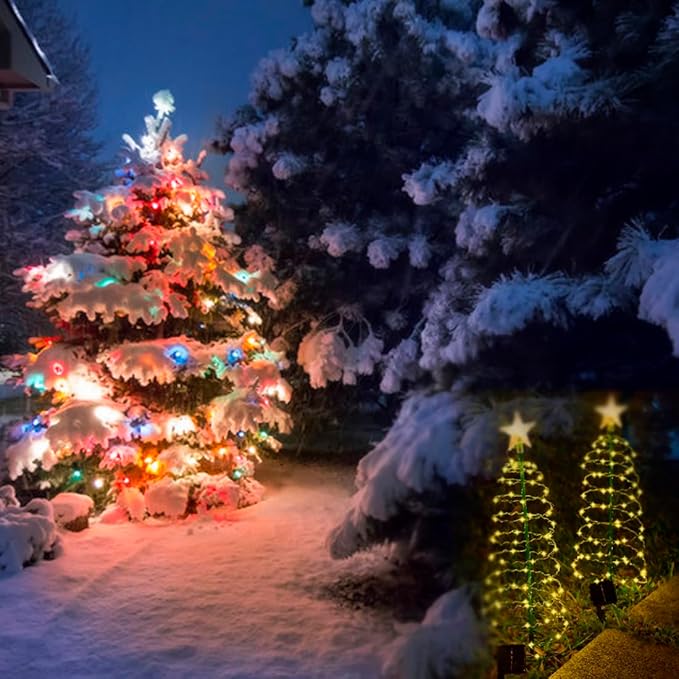 2 Pack Solar Spiral Christmas Trees with Warm White Lights, 36" Outdoor Light Up Xmas Pathway Markers with Stake, Auto On/Off & Waterproof Lights for Winter Patio Yard Walkway Driveway Decor
