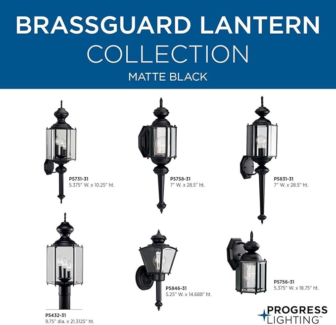 Progress Lighting 1-Light Clear Beveled Glass Traditional Outdoor Wall Lantern Light, BrassGUARD Lantern Collection, Outdoor, P5846-31, Matte Black